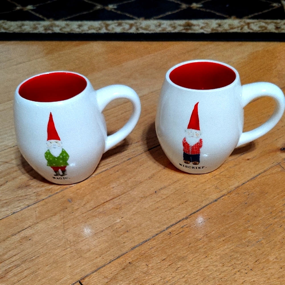 Rae Dunn Christmas White and Red Magic and Mischief Gnome Mugs. Set Of 2